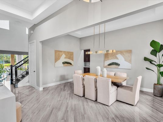 Dining room, Interior, Pendant Lights, Wood Texture Flooring