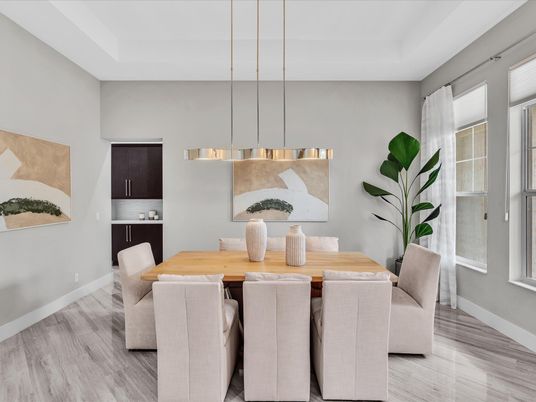 Dining room, Interior, Pendant Lights, Wood Texture Flooring
