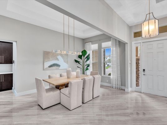 Dining room, Interior, Pendant Lights, Wood Texture Flooring