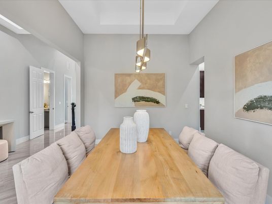 Dining room, Interior, Pendant Lights, Wood Texture Flooring