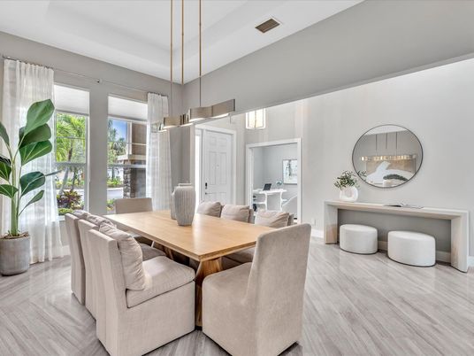 Dining room, Interior, Pendant Lights, Wood Texture Flooring