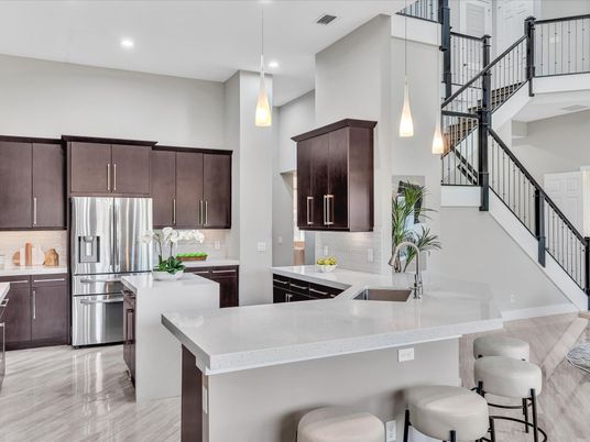 Interior, Kitchen, Marble, Pendant Lights, Recessed Lighting, Stainless Steel Appliances