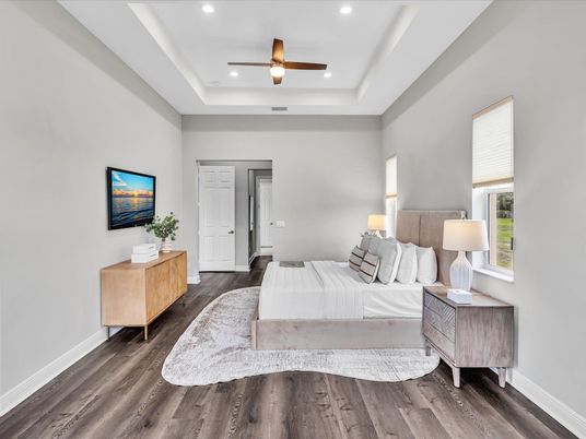 Bedroom, Interior, Recessed Lighting, Wood Texture Flooring