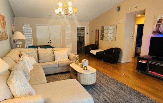 Billiard Table, Chandelier, Game Room, Interior, Living room, Wood Texture Flooring