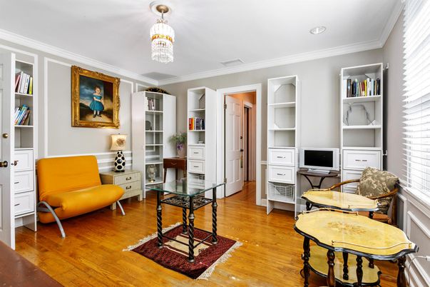 Chandelier, Home Office, Interior, Recessed Lighting, Wood Texture Flooring