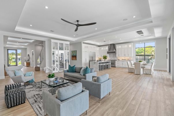 Dining room, Interior, Kitchen, Living room, Pendant Lights, Recessed Lighting, Stainless Steel Appliances, Wood Texture Flooring