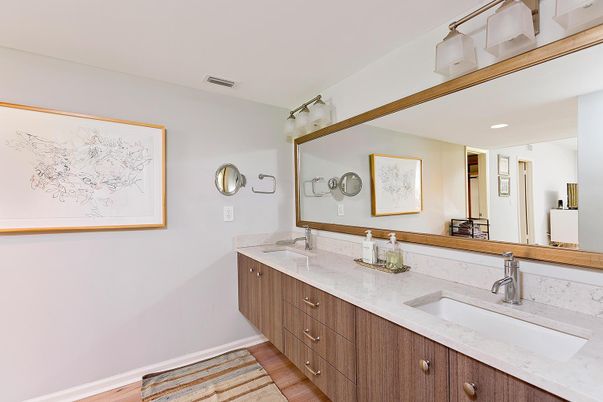 Bathroom, Dual Sink Vanities, Interior, Recessed Lighting, Wood Texture Flooring