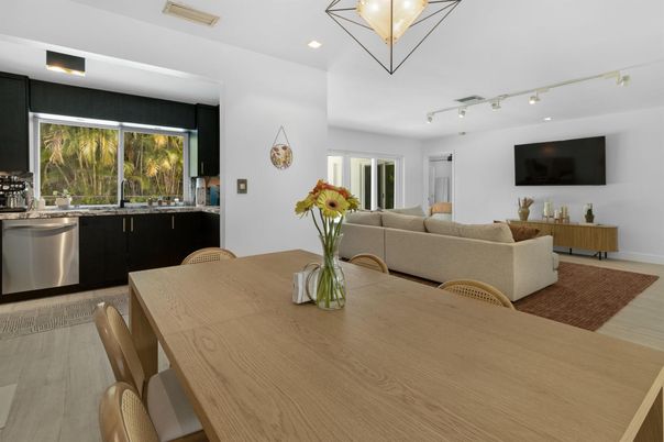 Dining room, Interior, Kitchen, Living room, Recessed Lighting, Stainless Steel Appliances, Wood Texture Flooring