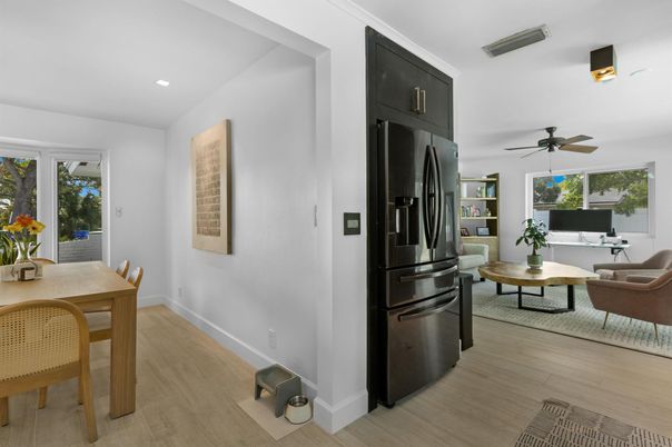 Dining room, Interior, Kitchen, Living room, Recessed Lighting, Wood Texture Flooring