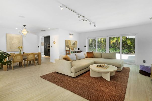 Dining room, Interior, Living room, Recessed Lighting, Wood Texture Flooring