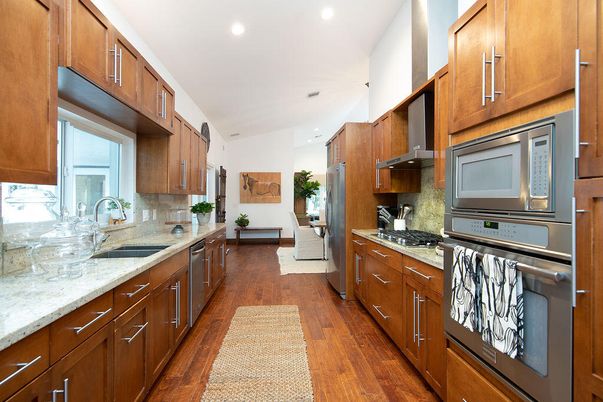 Interior, Kitchen, Recessed Lighting, Stainless Steel Appliances, Wood Texture Flooring