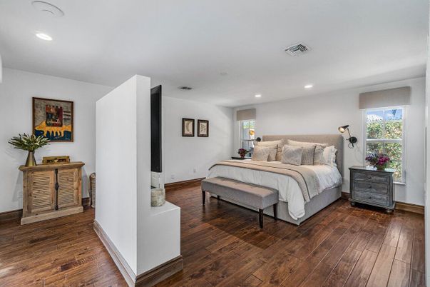 Bedroom, Interior, Recessed Lighting, Wood Texture Flooring