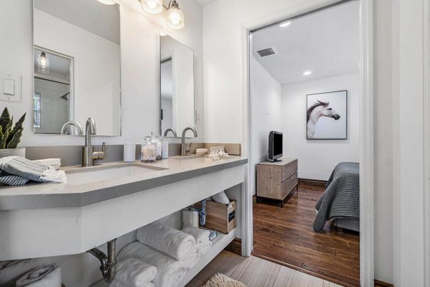 Bathroom, Dual Sink Vanities, Interior, Recessed Lighting, Wood Texture Flooring