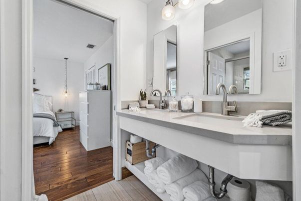 Bathroom, Bedroom, Dual Sink Vanities, Interior, Pendant Lights, Wood Texture Flooring