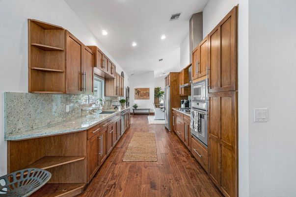 Interior, Kitchen, Recessed Lighting, Stainless Steel Appliances, Wood Texture Flooring