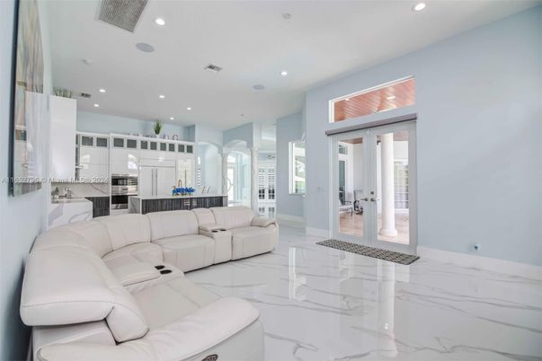 Interior, Kitchen, Living room, Marble, Recessed Lighting, Stainless Steel Appliances