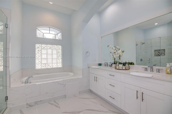 Bathroom, Dual Sink Vanities, Glass Shower, Interior, Marble, Marble Walls, Recessed Lighting
