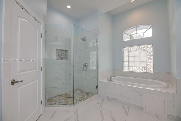 Bathroom, Glass Shower, Interior, Marble, Marble Walls, Recessed Lighting