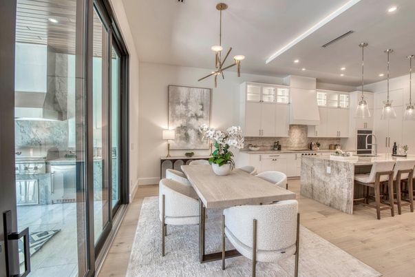Dining room, Interior, Kitchen, Pendant Lights, Recessed Lighting, Stainless Steel Appliances, Wood Texture Flooring