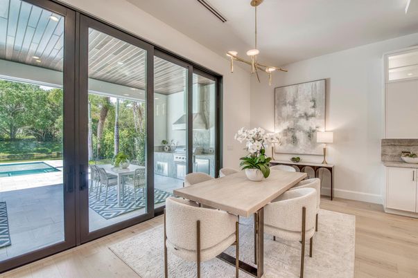 Dining room, Interior, Pendant Lights, Wood Texture Flooring