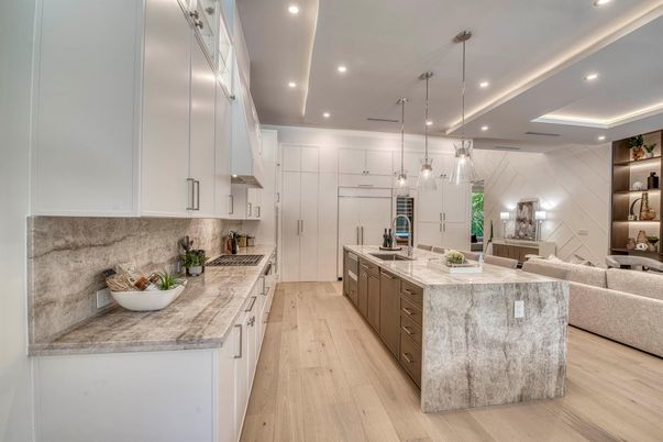 Interior, Kitchen, Living room, Pendant Lights, Recessed Lighting, Wood Texture Flooring