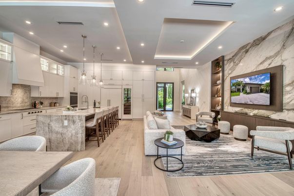 Interior, Kitchen, Living room, Marble Walls, Pendant Lights, Recessed Lighting, Wood Texture Flooring