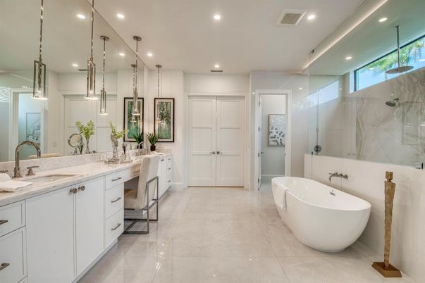 Bathroom, Dual Sink Vanities, Free Standing Baths, Glass Shower, Interior, Pendant Lights, Recessed Lighting