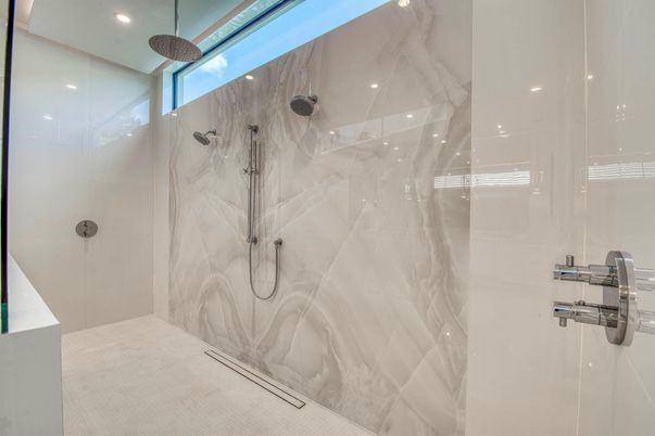 Bathroom, Glass Shower, Interior, Marble Walls, Recessed Lighting