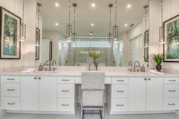 Bathroom, Dual Sink Vanities, Interior, Pendant Lights, Recessed Lighting