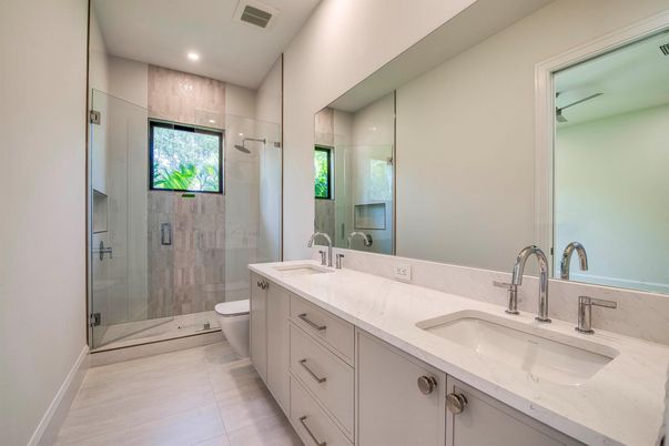 Bathroom, Dual Sink Vanities, Glass Shower, Interior, Recessed Lighting