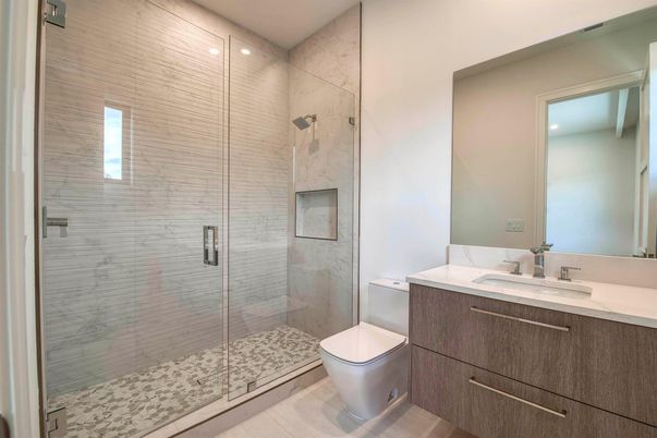 Bathroom, Glass Shower, Interior, Marble Walls, Recessed Lighting