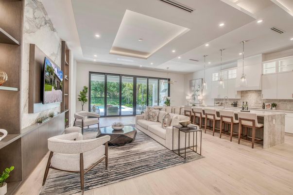 Interior, Kitchen, Living room, Pendant Lights, Recessed Lighting, Wood Texture Flooring