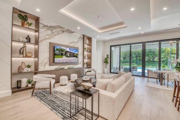 Interior, Living room, Marble Walls, Recessed Lighting, Wood Texture Flooring