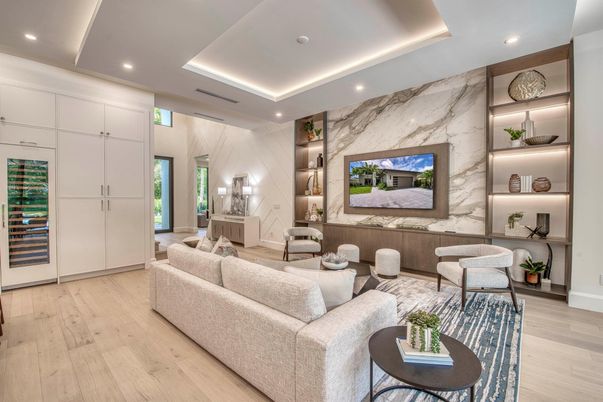 Interior, Living room, Marble Walls, Pendant Lights, Recessed Lighting, Wood Texture Flooring