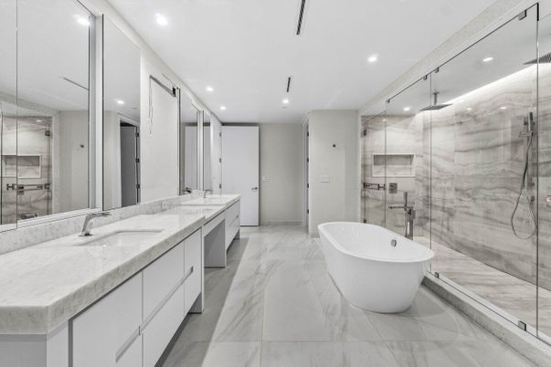 Bathroom, Dual Sink Vanities, Free Standing Baths, Glass Shower, Interior, Marble, Marble Walls, Recessed Lighting