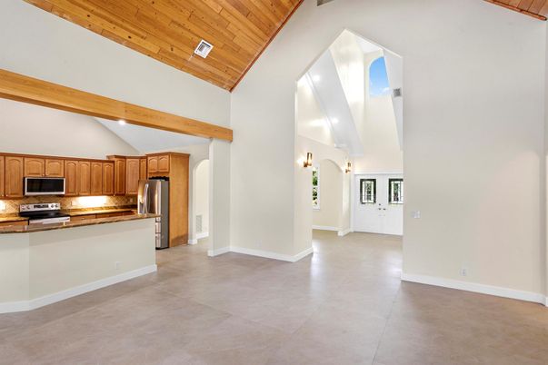 Empty room, Interior, Kitchen, Stainless Steel Appliances, Wooden Beams, Wooden Ceilings