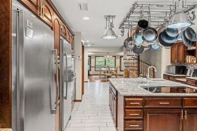 Chandelier, Dining room, Interior, Kitchen, Recessed Lighting, Stainless Steel Appliances