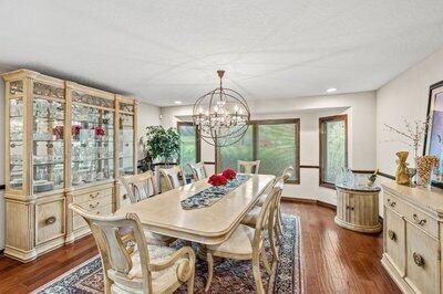 Chandelier, Dining room, Interior, Recessed Lighting, Wood Texture Flooring