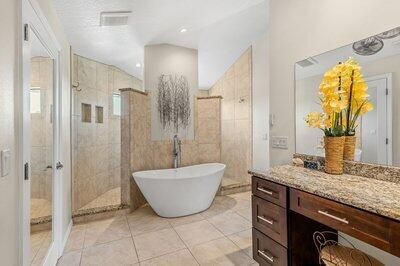 Bathroom, Free Standing Baths, Glass Shower, Interior, Recessed Lighting