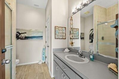 Bathroom, Glass Shower, Interior, Wood Texture Flooring