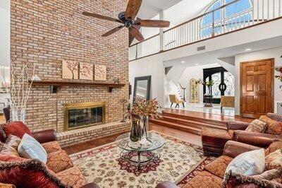 Fireplace, Interior, Living room, Recessed Lighting, Stone Walls