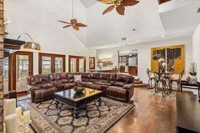 Dining room, Interior, Living room, Piano, Recessed Lighting, Wood Texture Flooring