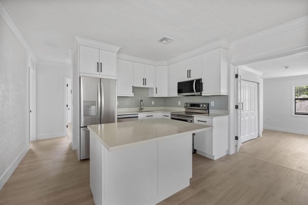 Interior, Kitchen, Stainless Steel Appliances, Wood Texture Flooring