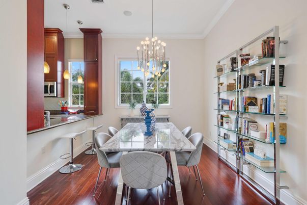 Dining room, Interior, Pendant Lights, Wood Texture Flooring