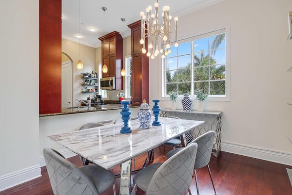 Dining room, Interior, Pendant Lights, Recessed Lighting, Wood Texture Flooring