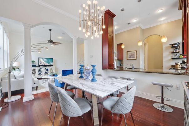 Bedroom, Dining room, Interior, Pendant Lights, Recessed Lighting, Wood Texture Flooring