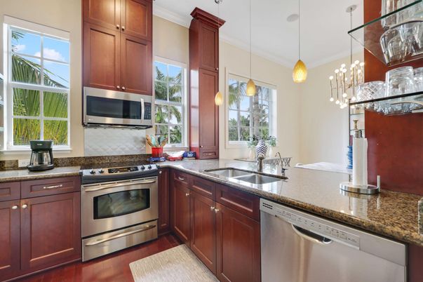 Interior, Kitchen, Pendant Lights, Stainless Steel Appliances, Wood Texture Flooring