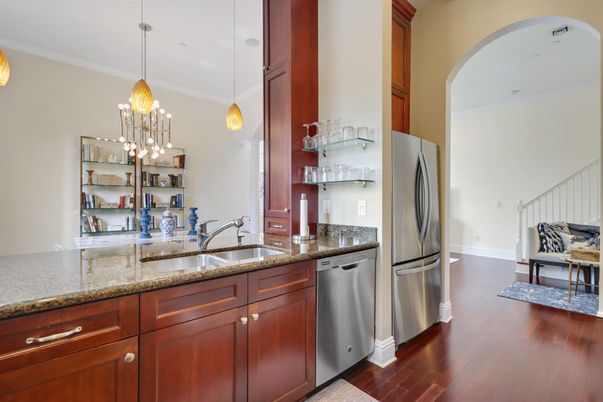 Interior, Kitchen, Pendant Lights, Stainless Steel Appliances, Wood Texture Flooring