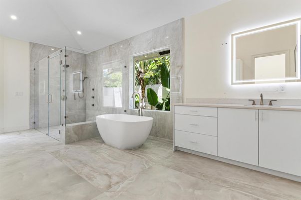 Bathroom, Dual Sink Vanities, Free Standing Baths, Glass Shower, Interior, Marble, Marble Walls, Recessed Lighting