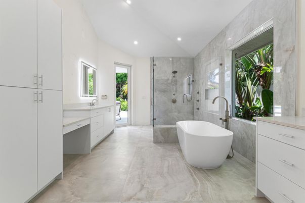 Bathroom, Dual Sink Vanities, Free Standing Baths, Glass Shower, Interior, Marble, Marble Walls, Recessed Lighting